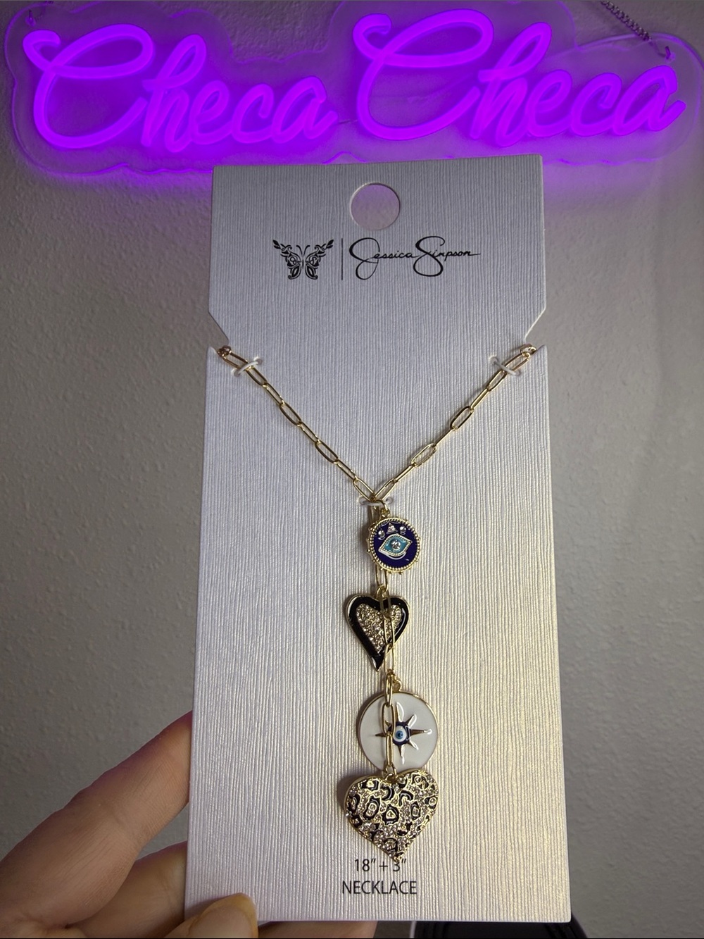 Jessica Simpson Gold Layered Leopard Heart & Evil Eye Charm Necklace NWT